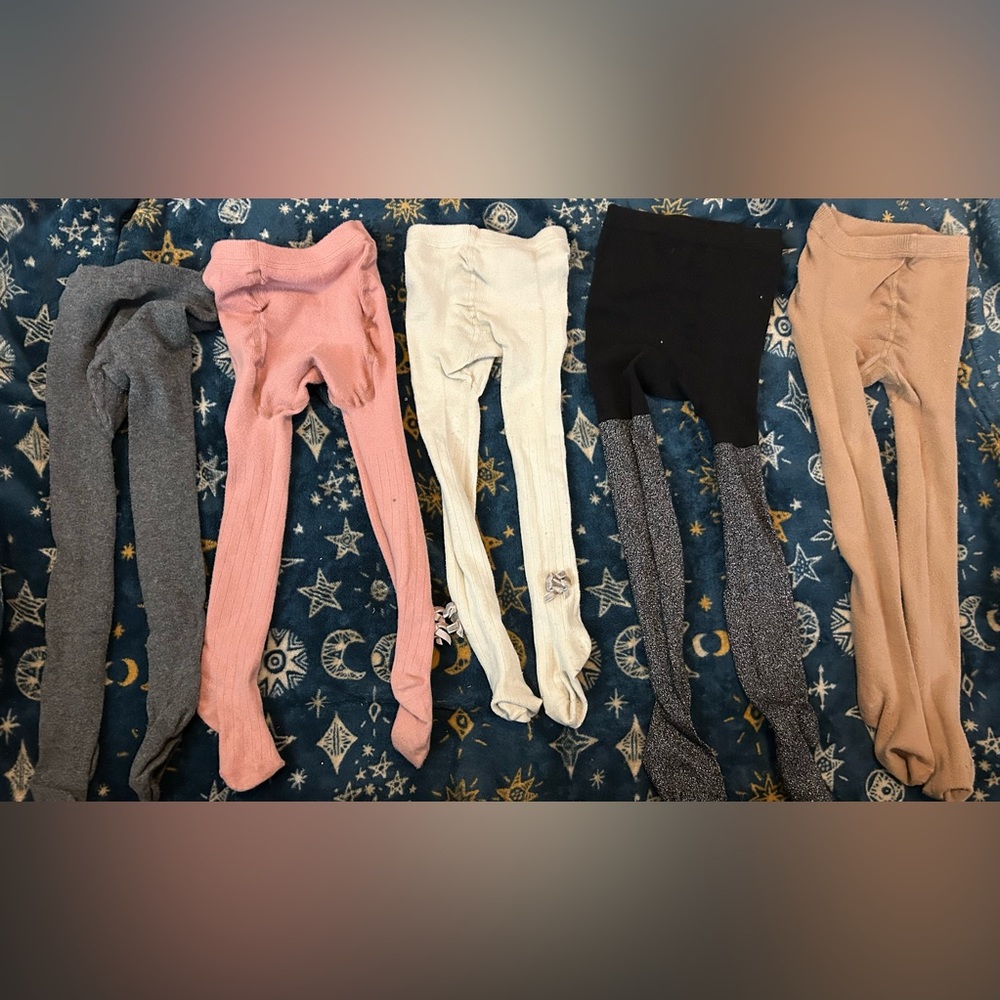 Bundle of Size 3T-5T Tights. Pink, Tan, Cream, Dark Grey, and Black\Silver